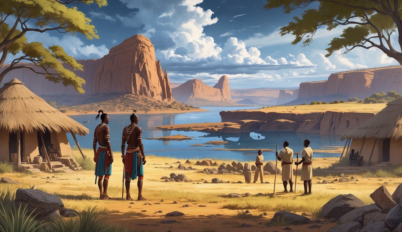 A landscape showing Maasai warriors near the Great Rift Valley, archaeologists examining ancient cave paintings and fossils, with Lake Turkana and traditional huts in the background.