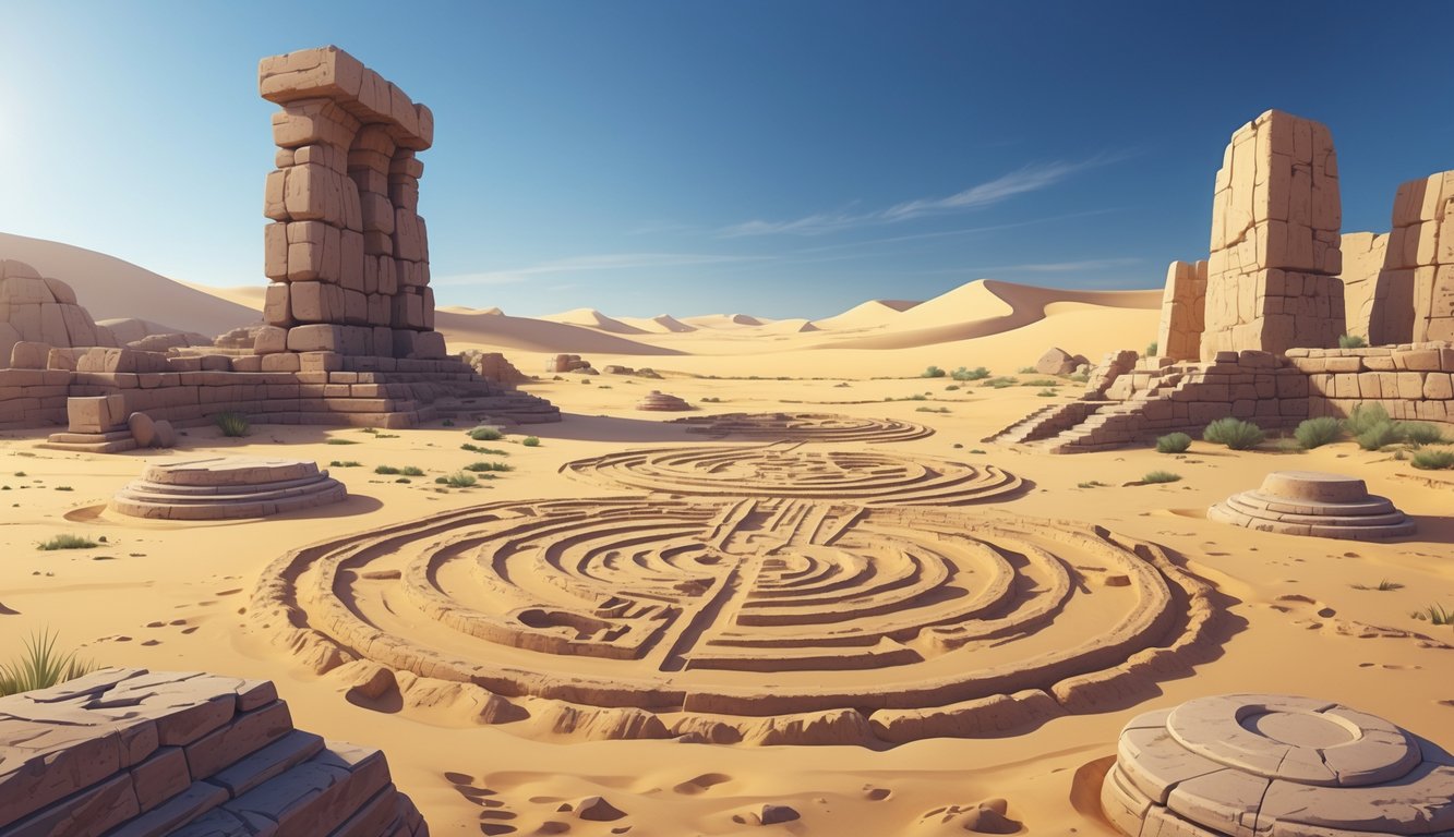 A desert landscape in Kuwait showing large ancient geoglyphs etched into the sand and surrounding stone monuments and ruins under a clear sky.