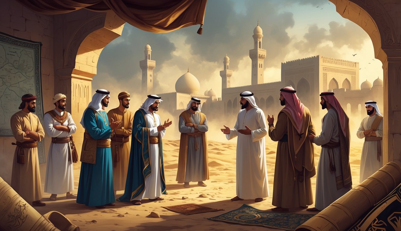 A group of people in traditional Kuwaiti clothing gathered in discussion with historical Kuwaiti landmarks and ancient maps in the background, creating a mysterious and dramatic scene.