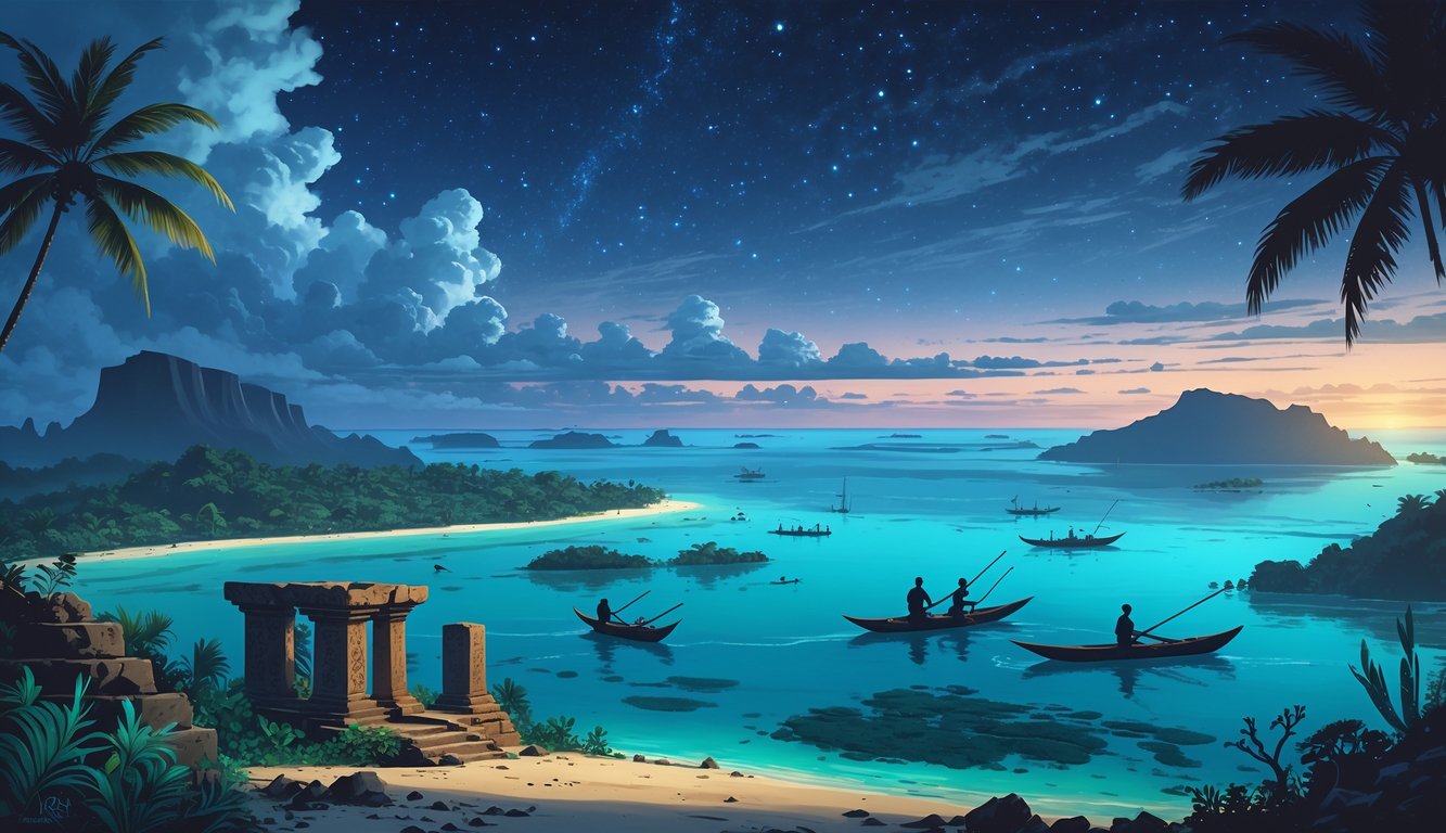 A tropical island scene with ancient stone ruins, traditional canoes on the water, and underwater shipwrecks, representing historical mysteries in Kiribati.
