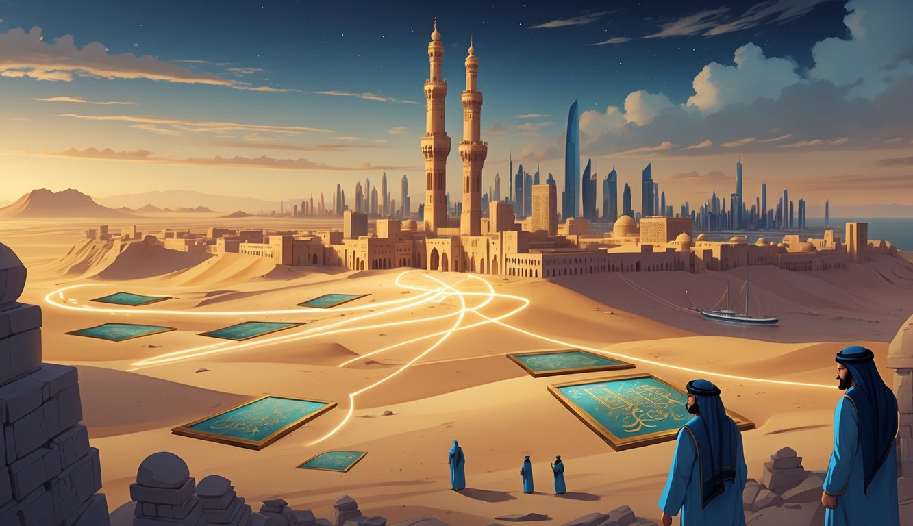 A detailed scene showing Kuwait's skyline with traditional buildings and desert artifacts, surrounded by symbols of ancient mysteries and international cultural influences.
