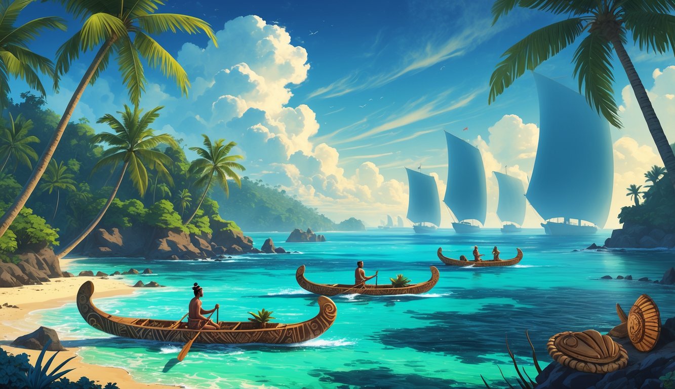 A traditional Kiribati island scene with wooden canoes on turquoise waters, ancient artifacts on the shore, and faint silhouettes of foreign ships on the horizon.