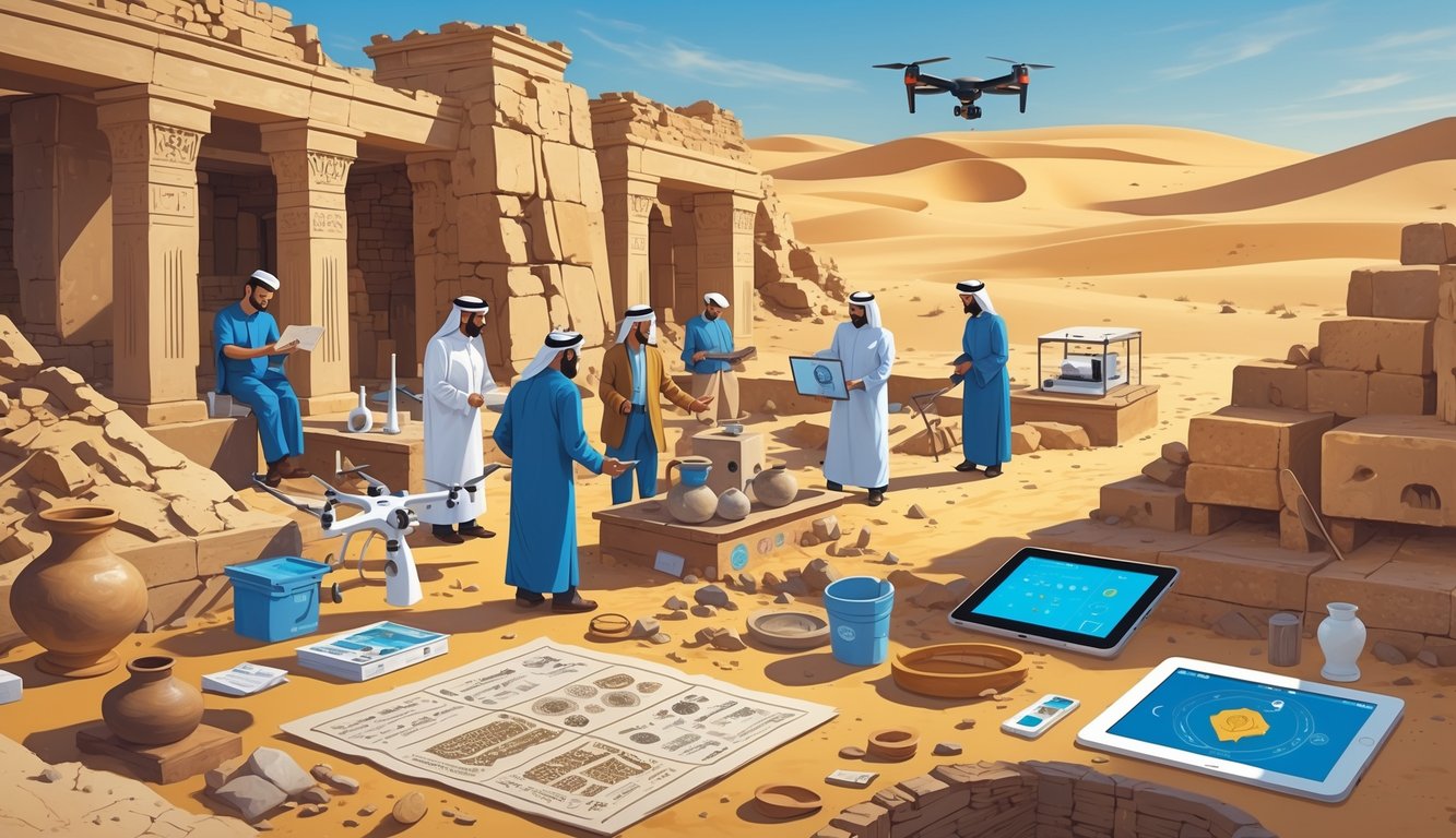 A group of archaeologists working at an excavation site near ancient ruins in a desert landscape, using modern technology to uncover historical artifacts.