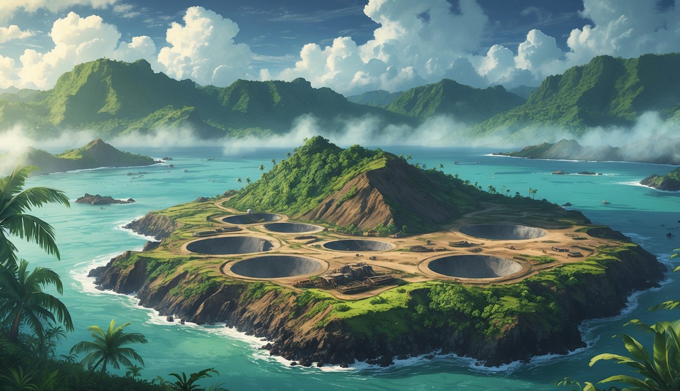 An island with abandoned phosphate mining sites, overgrown vegetation, and surrounding ocean under a partly cloudy sky.