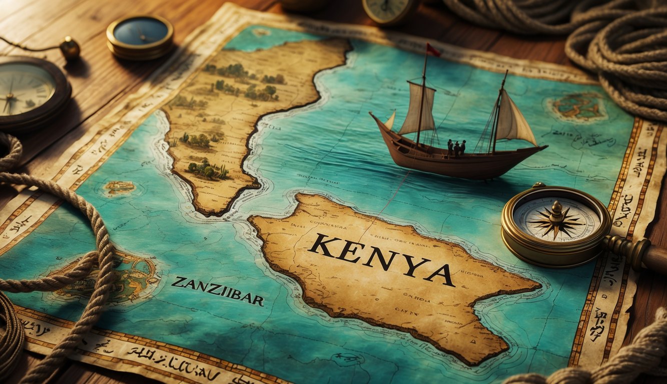 An ancient map of the East African coast on a wooden table surrounded by maritime artifacts, with a silhouette of Zanzibar’s stone town and a traditional boat on the water in the background.