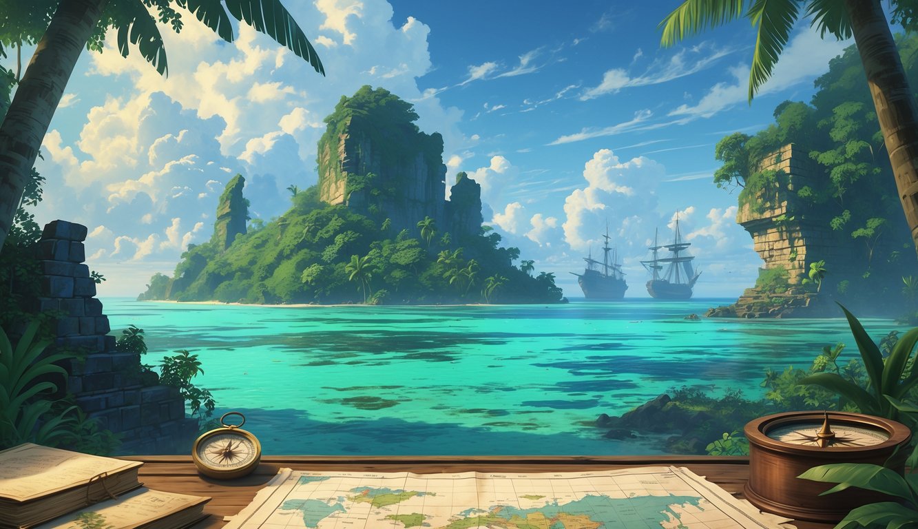 A tropical island chain with ancient ruins surrounded by clear blue water and ships sailing in the distance.
