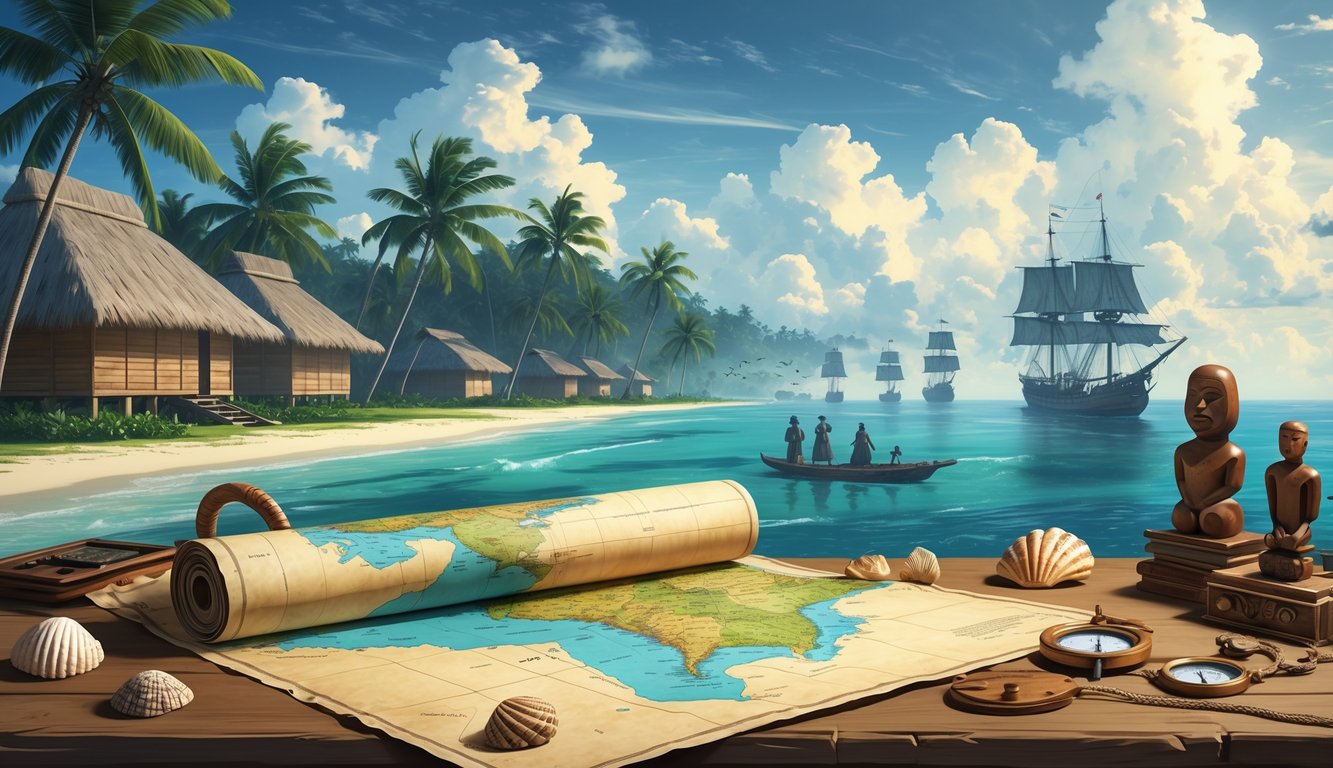 A peaceful Pacific island scene with traditional huts, palm trees, an old map on a wooden table surrounded by artifacts, and faint images of colonial ships and people in the background.