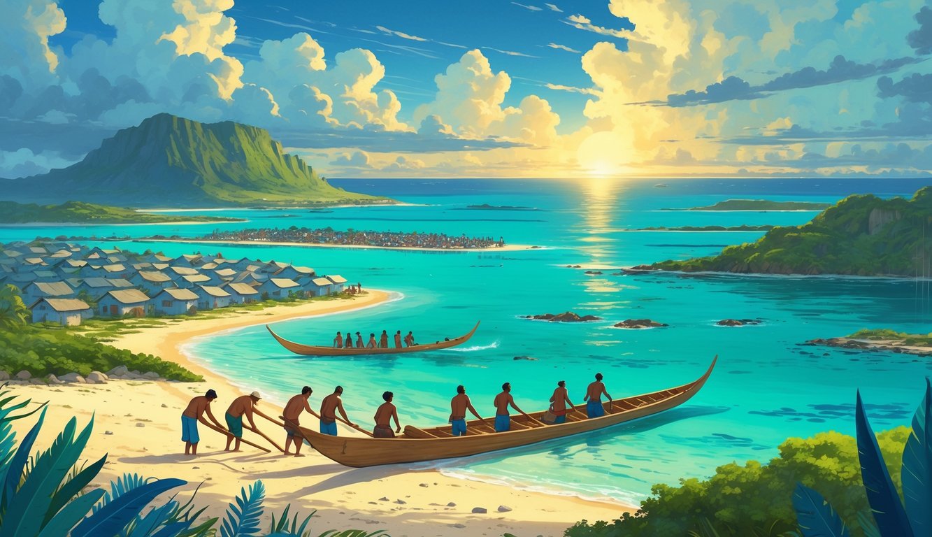 A group of islanders preparing canoes on a tropical island with a crowded village behind them and mysterious ancient symbols on rocks near the shore.