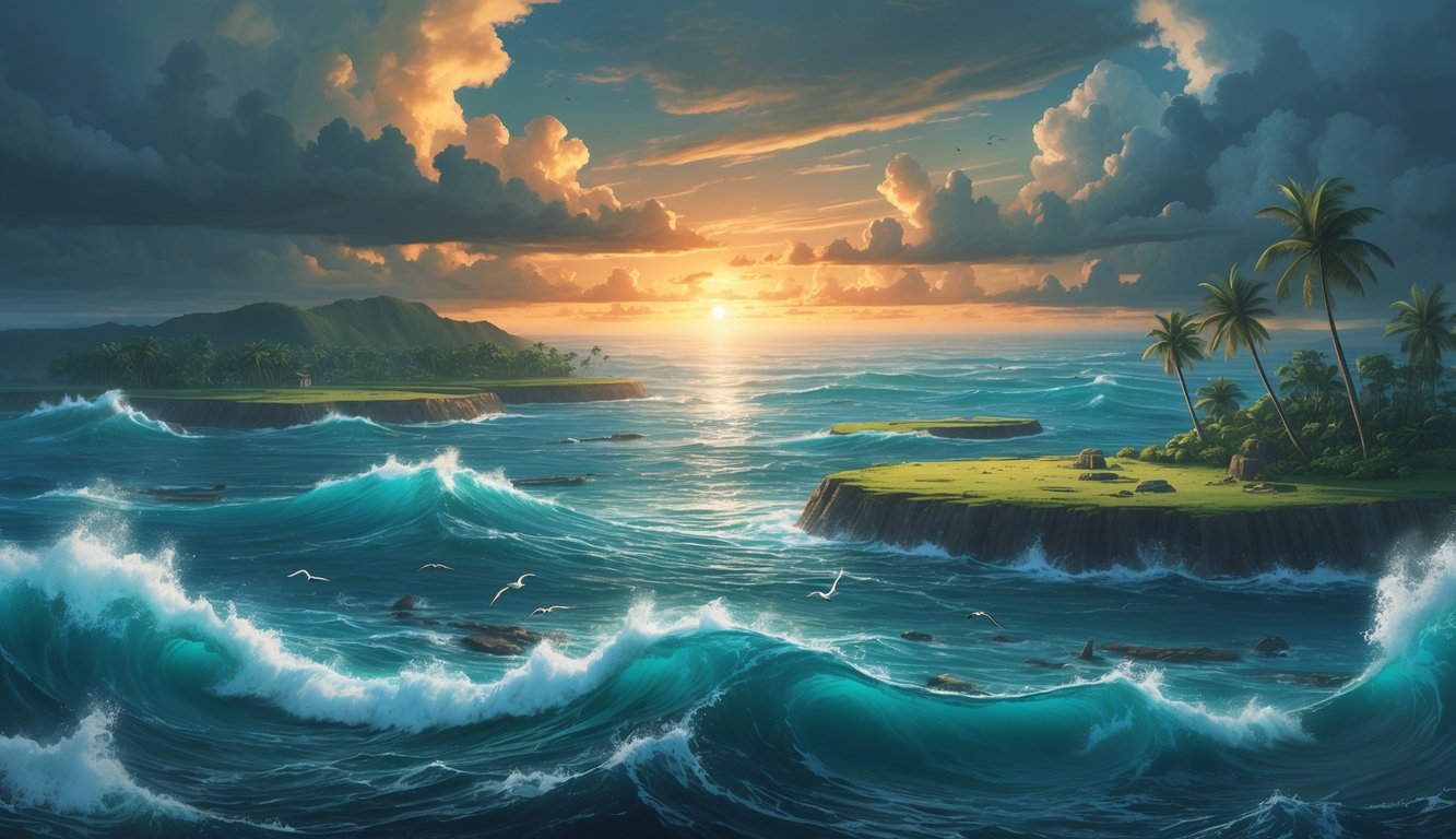 A view of Kiribati's islands with rising ocean waves, ancient ruins partially submerged, palm trees, and seabirds under a dramatic sky.