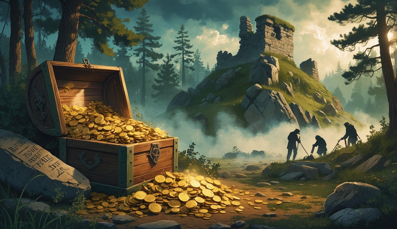 An ancient treasure chest filled with gold coins and artifacts in a misty Latvian forest near moss-covered stone ruins and a medieval castle on a hill.