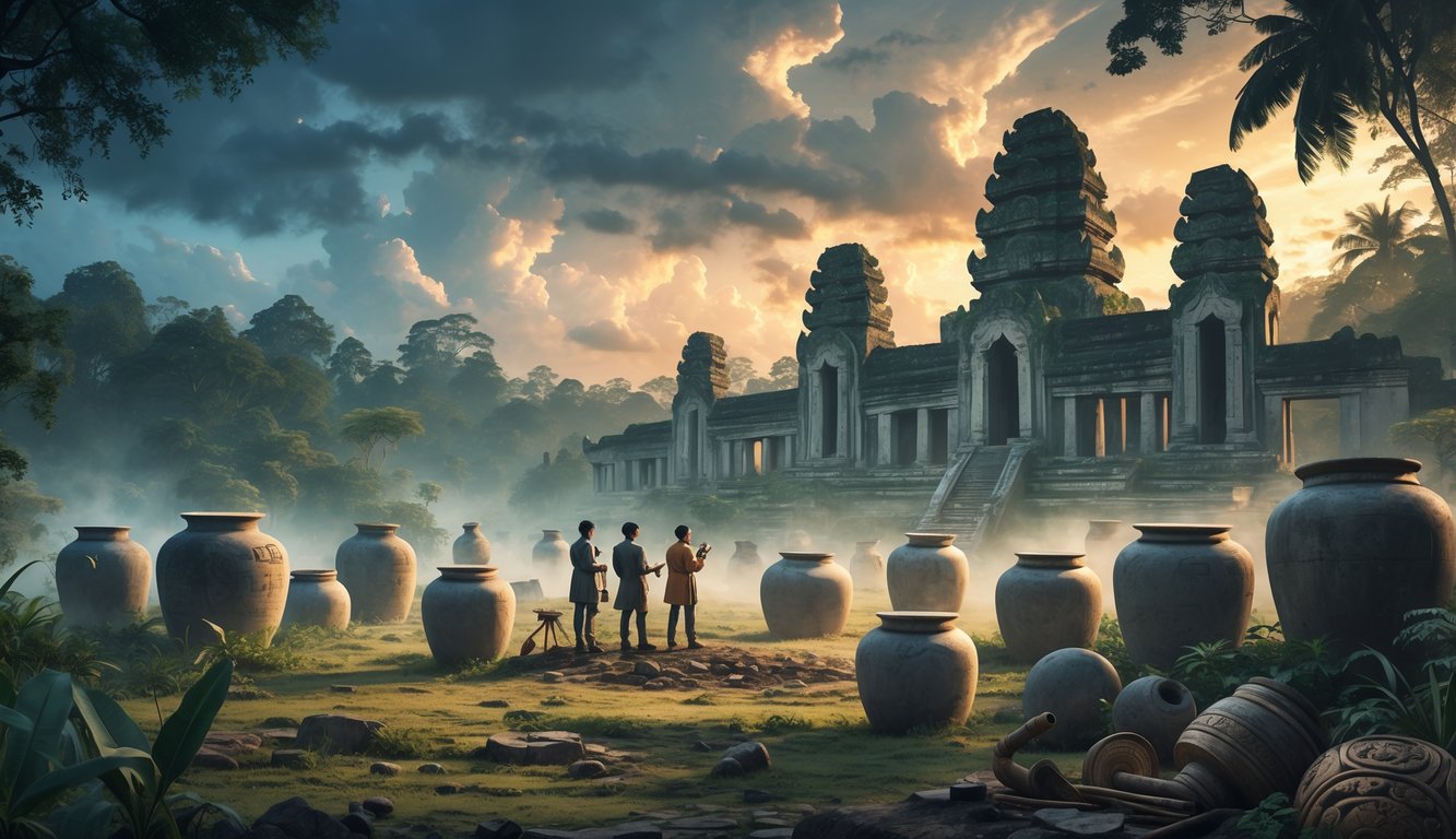 A misty jungle landscape in Laos with large ancient stone jars scattered on the ground, surrounded by temple ruins and people studying them.