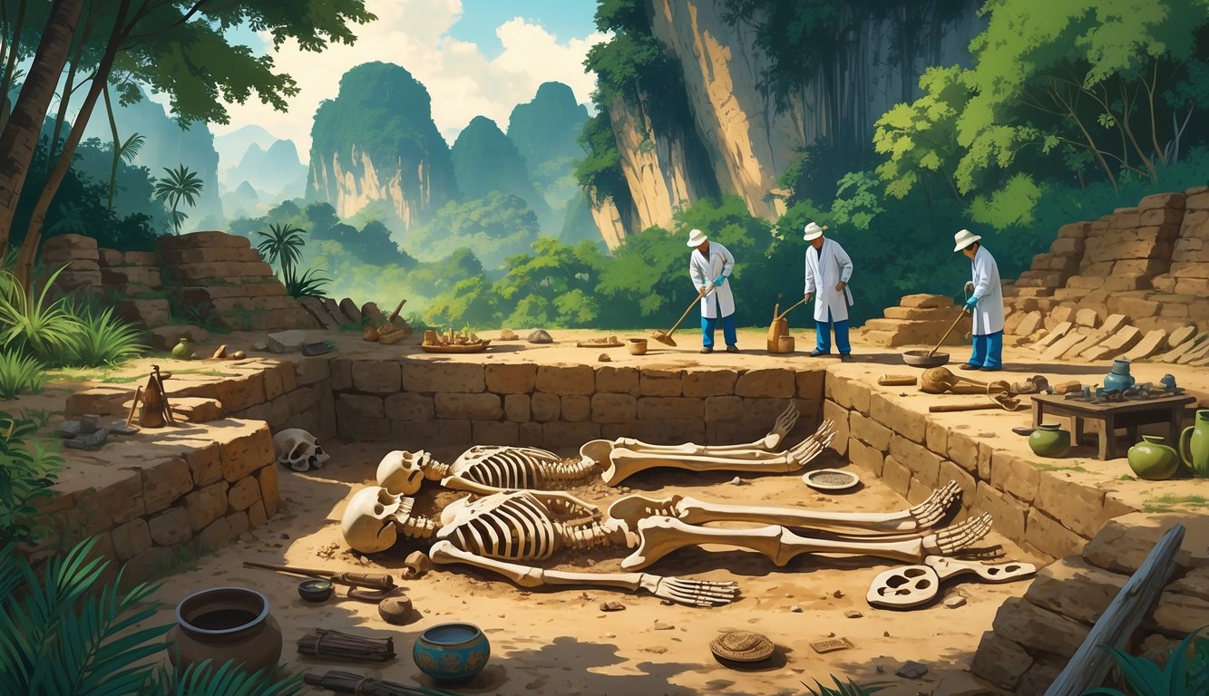 An archaeological excavation site in Laos revealing ancient human skeletons and burial artifacts surrounded by tropical plants and mountains.