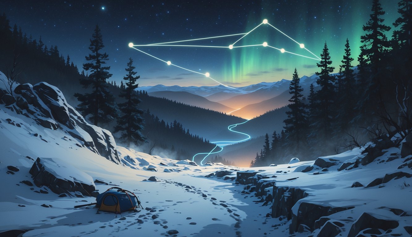 A snowy mountain pass with footprints and camping gear, a faint map overlay connecting the Ural Mountains to Latvia, surrounded by dark pine forest under a starry twilight sky.
