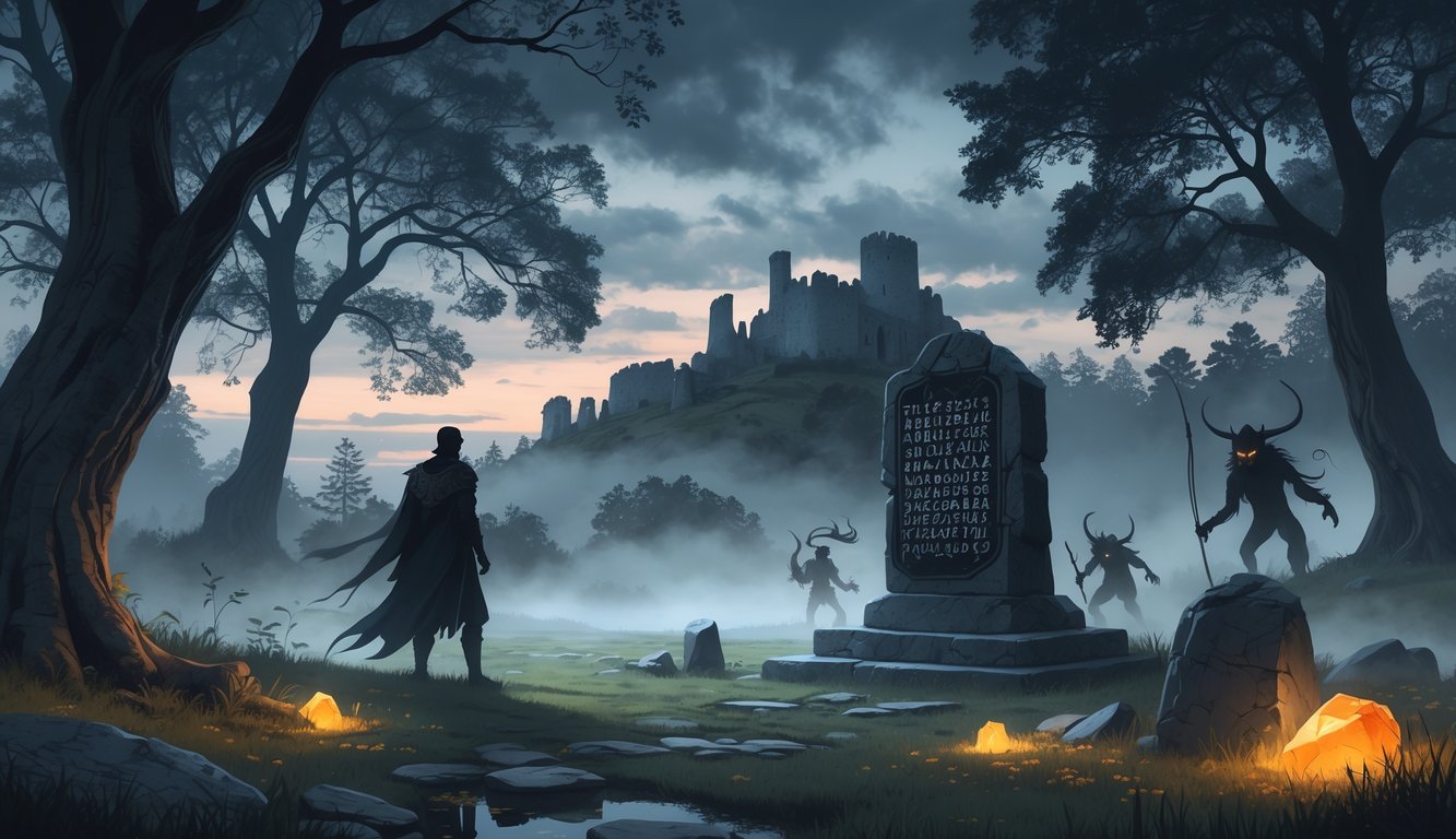 A mysterious forest scene with ancient trees, a shadowy figure near a stone monument, mythical creatures emerging from the shadows, and medieval castle ruins on a hill under a cloudy twilight sky.