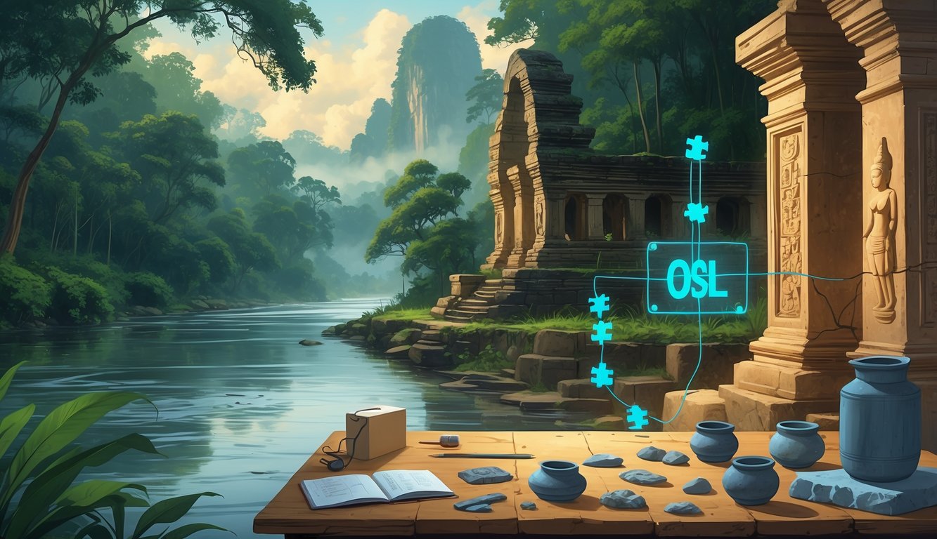 Archaeologists examining ancient artifacts and using a dating device at a jungle archaeological site in Laos with river and temple ruins in the background.