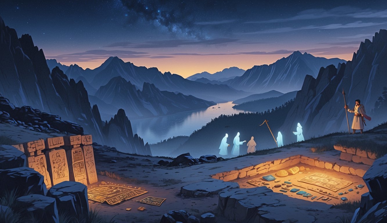 A mountainous landscape in Kyrgyzstan with ancient petroglyphs, an archaeological site with old artifacts, and a lake in the background, evoking historical mystery.