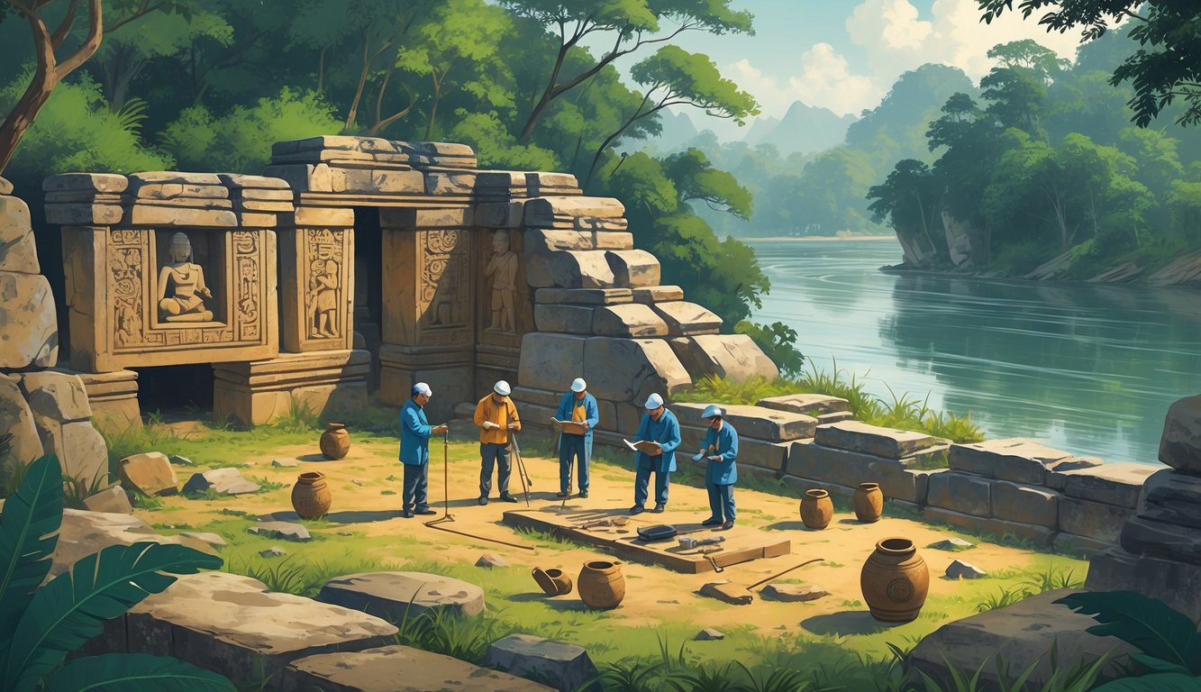 Archaeologists examining ancient stone ruins and artifacts near a river in a lush forested area in Laos.
