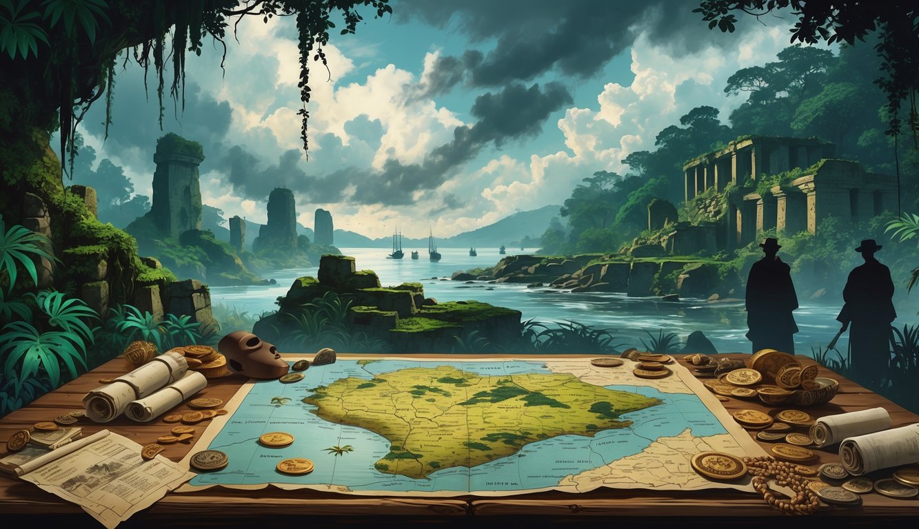 An illustration showing ancient ruins in a Liberian jungle, a table with old artifacts and a map, traditional figures in the background, and ghostly ships on the coastline under a dramatic sky.