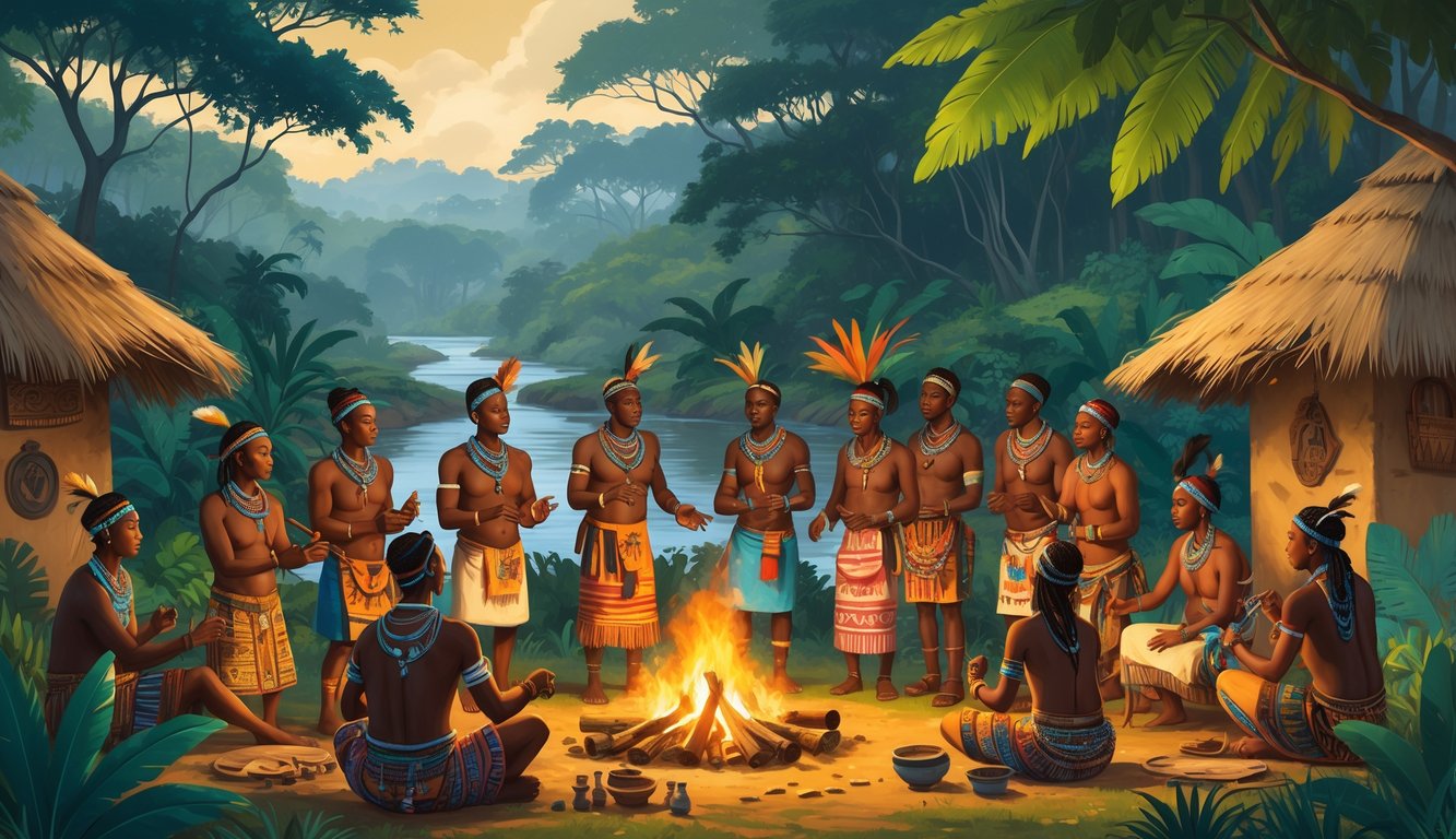 A group of indigenous Liberian people in traditional clothing engaging in cultural activities near a river and forest, with thatched huts and ancient artifacts around them.