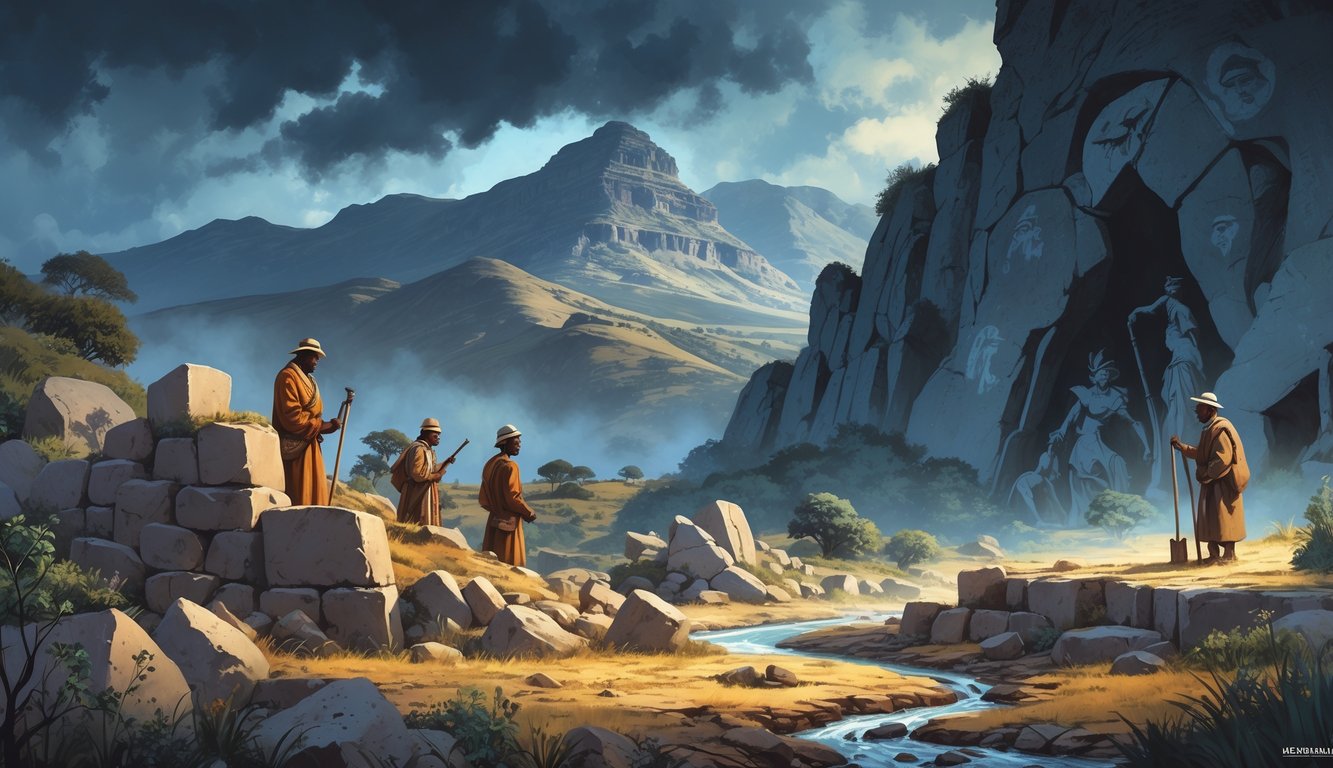 A mountainous landscape in Lesotho with ancient stone ruins, archaeologists uncovering artifacts, and local people observing, surrounded by mysterious symbols and natural scenery.