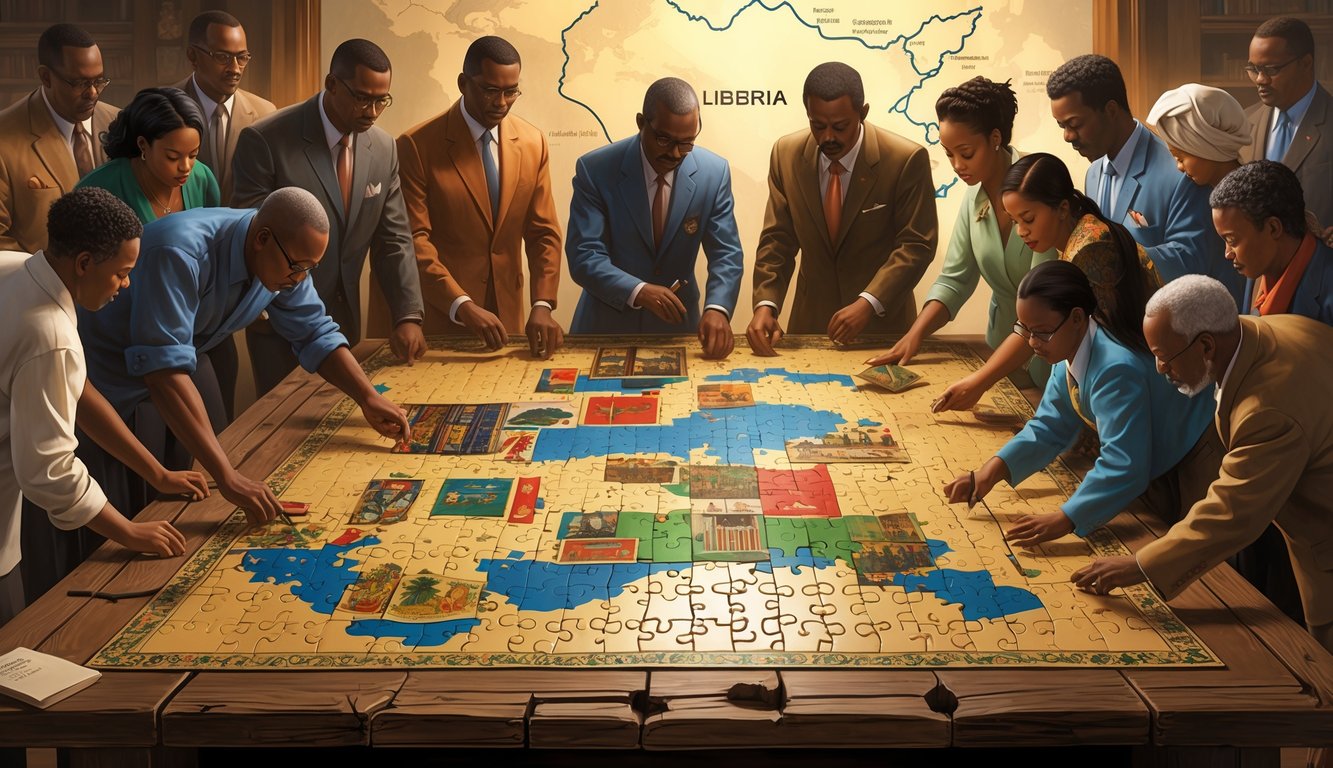 People from different Liberian ethnic groups working together to assemble a large puzzle on a table, with a faint map of Liberia in the background.