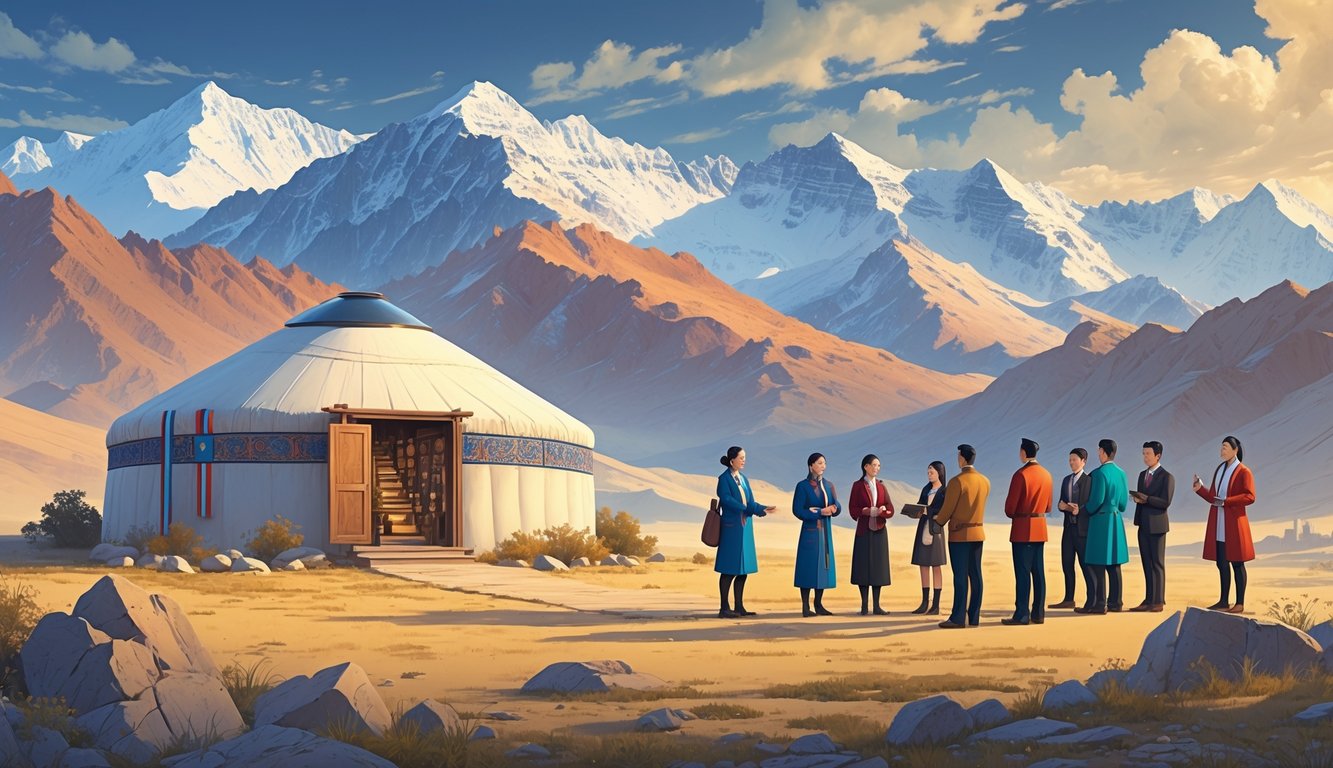 A landscape showing Kyrgyz mountains, a traditional yurt with ancient artifacts inside, and people in traditional and modern clothing discussing together.