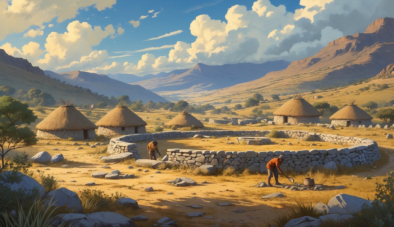A mountainous landscape with early stone huts and archaeologists excavating artifacts near a traditional settlement.