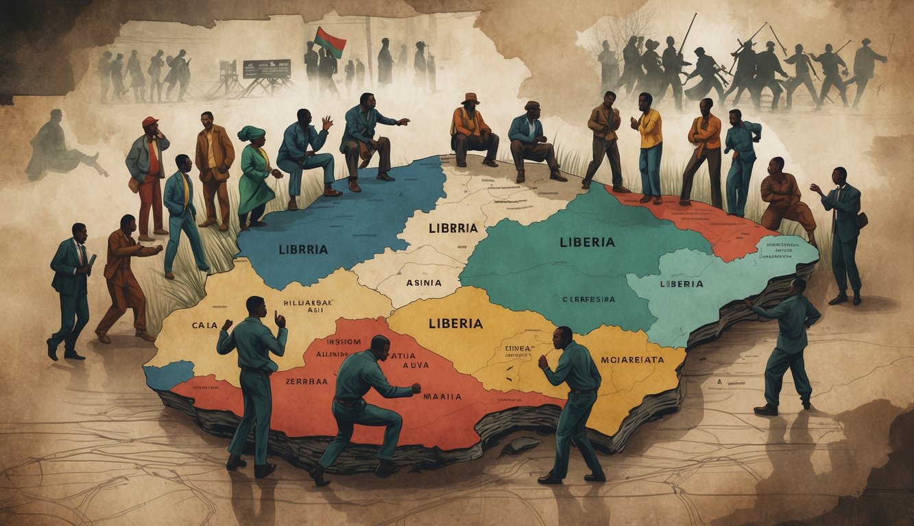 A map of Liberia surrounded by diverse people showing tension and dialogue, with faint images of protests and conflicts in the background.