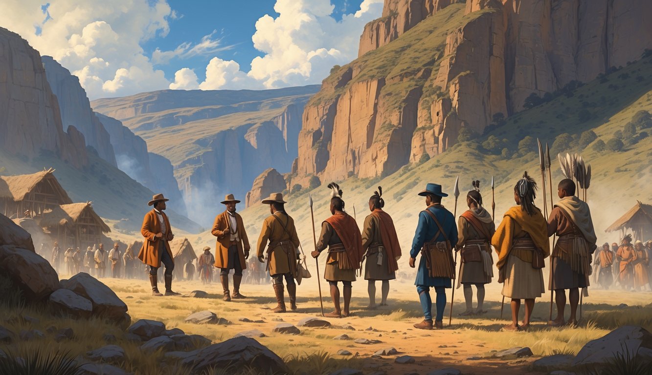 A group of European explorers meeting Basotho tribespeople in a mountainous area with traditional huts in the background.