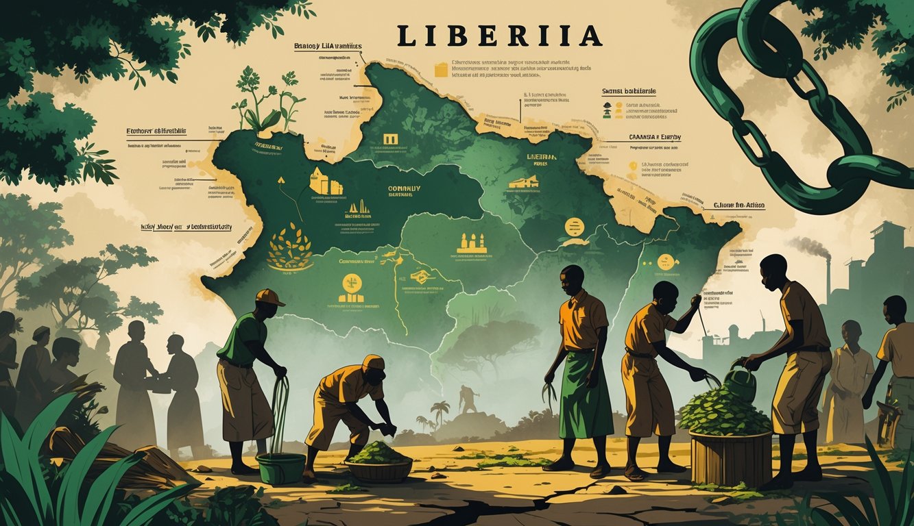A scene showing Liberian people working in farming, mining, and trading with a map of Liberia in the background and subtle shadows suggesting hidden tensions.