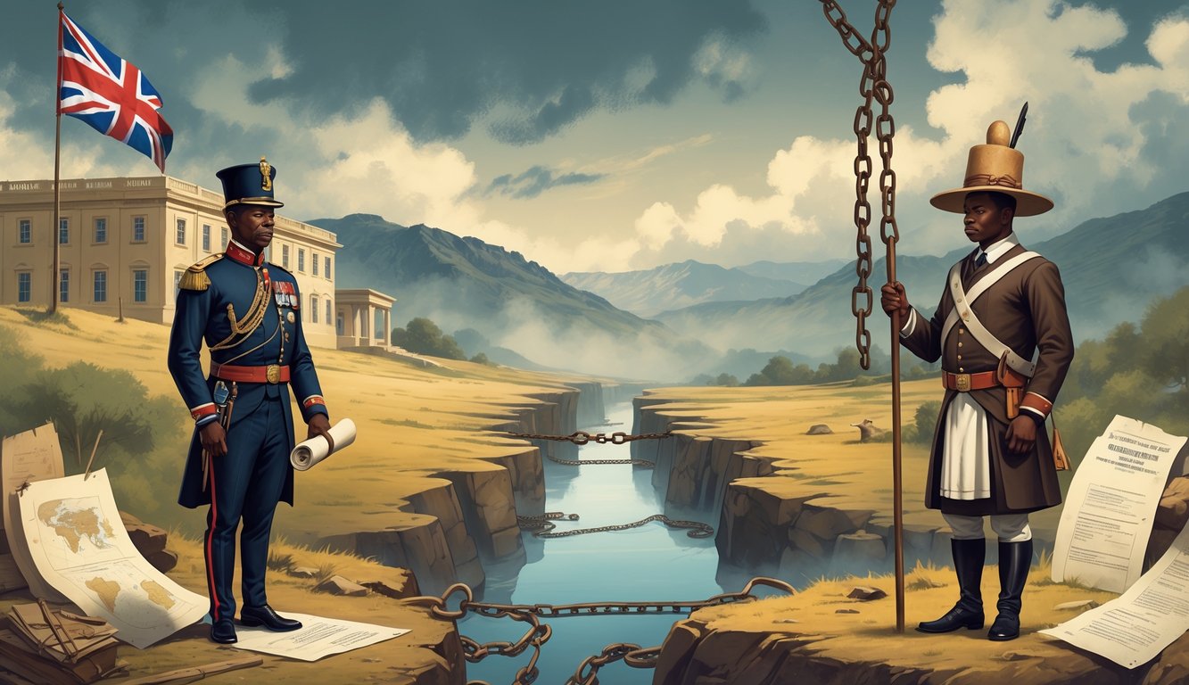 A split scene showing a British colonial official and a Basotho chief facing each other with historical artifacts and mountains in the background, symbolizing the complex history of British rule and self-governance in Lesotho.