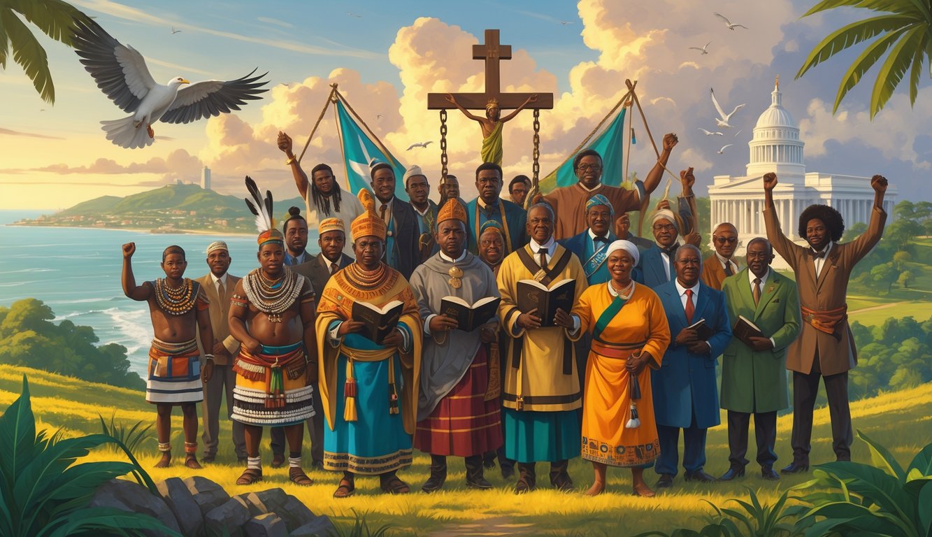 A group of Liberian people from different time periods, including tribal leaders, missionaries, and activists, standing together with symbols of peace and freedom, set against a backdrop of Liberian landmarks and natural scenery.