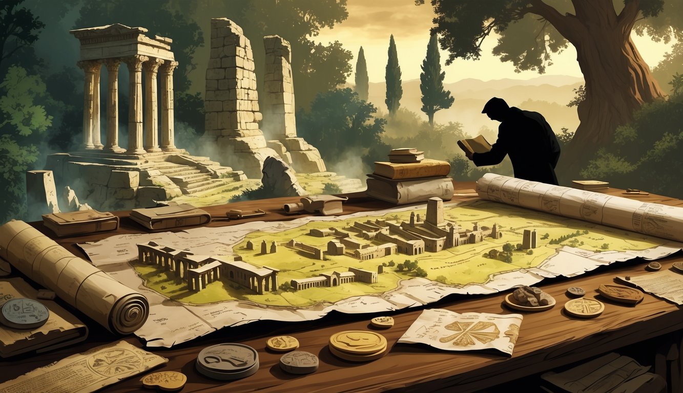 A scene showing an ancient map of Lebanon on a wooden table with ruins, rock carvings, cedar trees, and historical artifacts surrounding it, suggesting exploration of Lebanon's historical mysteries.