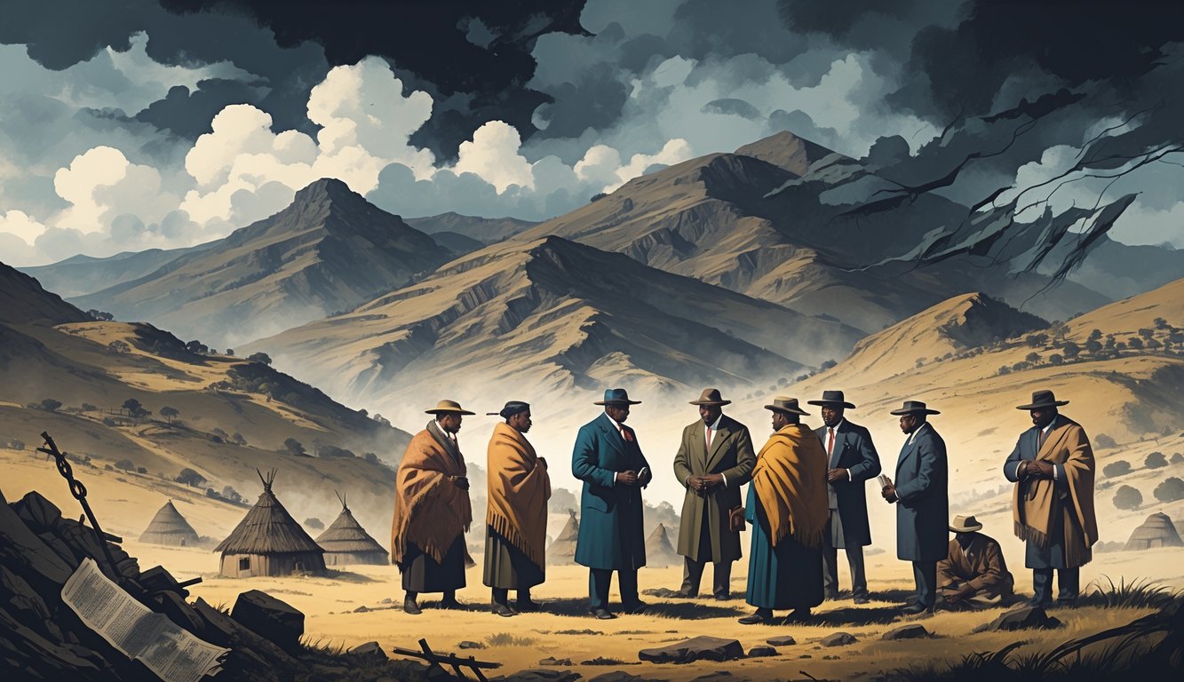 A mountainous landscape in Lesotho with people from different times engaged in tense discussions and secret meetings, surrounded by traditional huts and shadowy figures in the background.