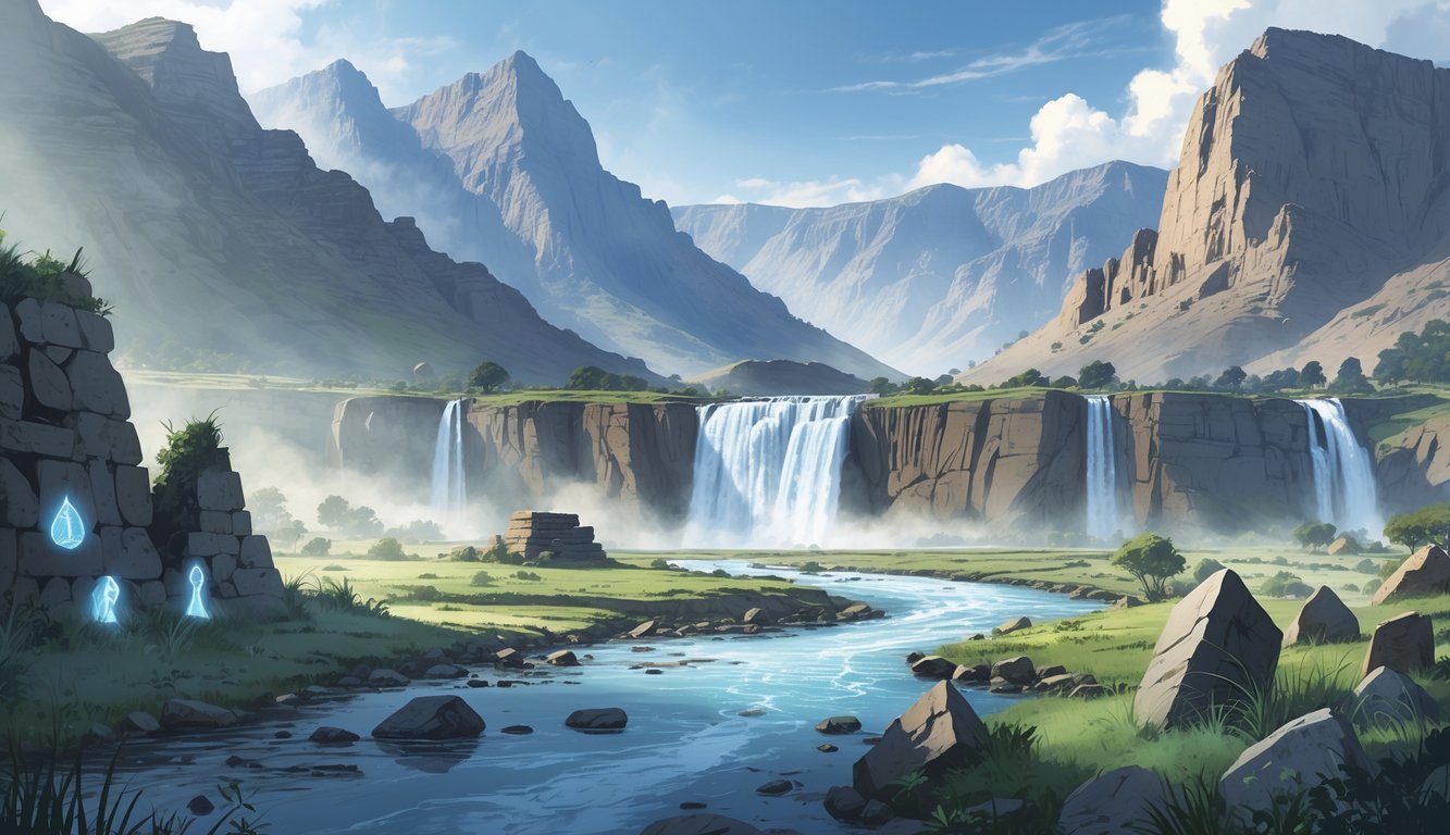 A mountainous landscape in Lesotho with waterfalls, rivers, ancient stone ruins, and mysterious carvings on rocks.