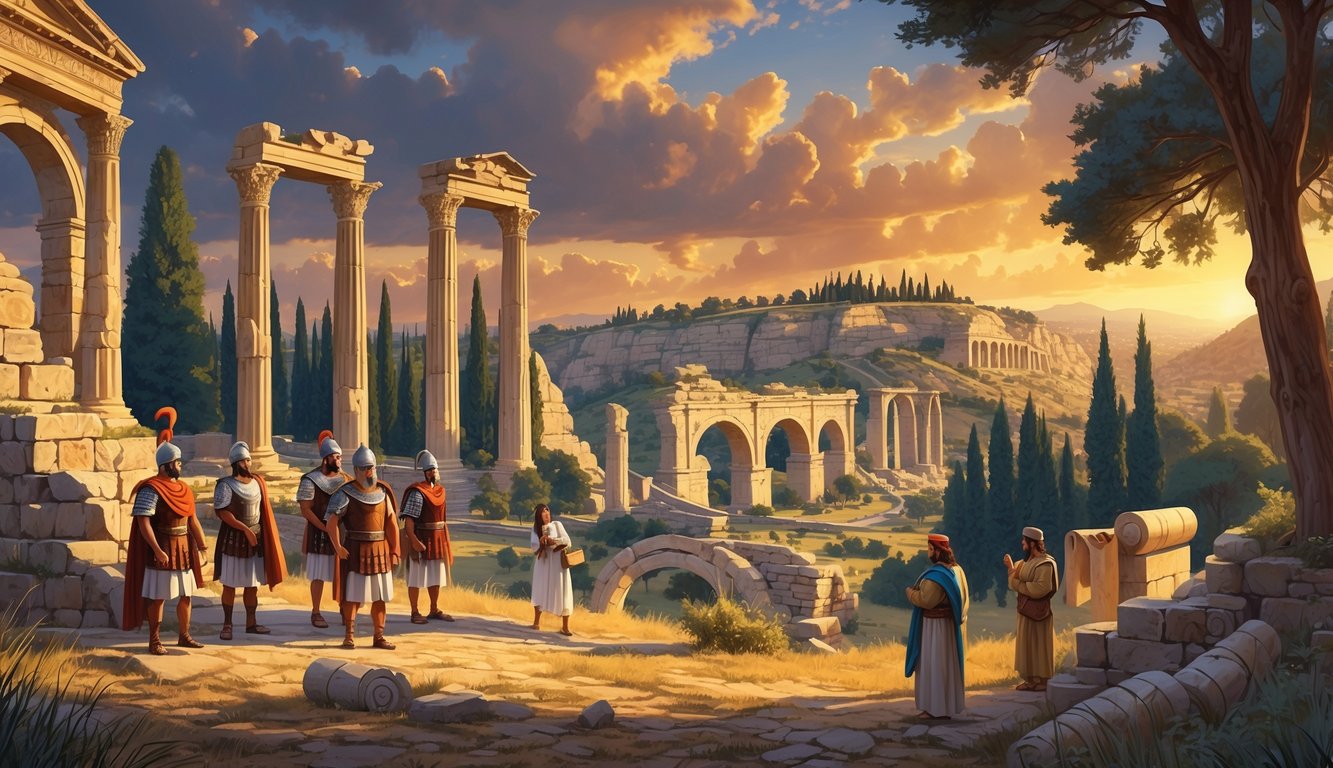 A panoramic view of ancient Roman ruins in Lebanon with soldiers and local people amid cedar trees under a golden dawn sky.