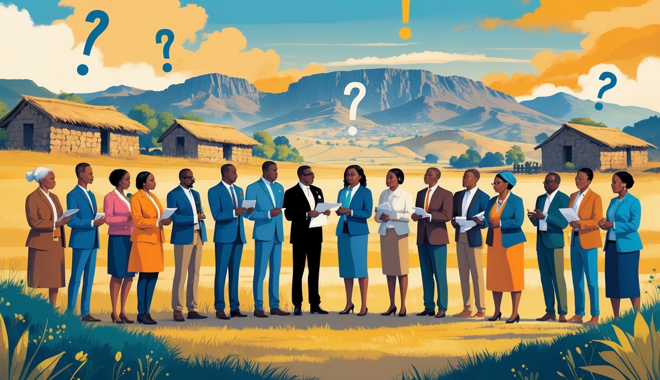 A group of Lesotho citizens gathered outdoors near mountains and traditional huts, engaging in discussions and holding ballot papers, with subtle symbols representing historical mysteries in the background.