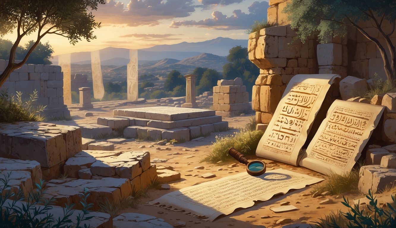 An ancient archaeological site in Lebanon with stone ruins, old tablets covered in inscriptions, a scholar examining a scroll, surrounded by olive trees and mountains at dawn.