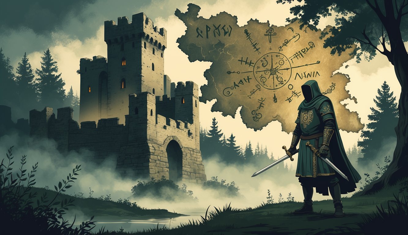 An ancient stone castle surrounded by mist with a medieval armored figure nearby, a dark forest with glowing symbols in the background, and a weathered map with cryptic markings floating in the sky.