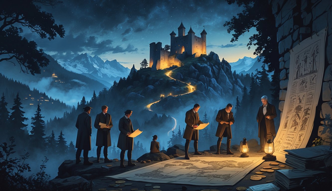 An ancient castle on a rocky hill at twilight with historians examining old maps and artifacts nearby, surrounded by misty forests and mountains.