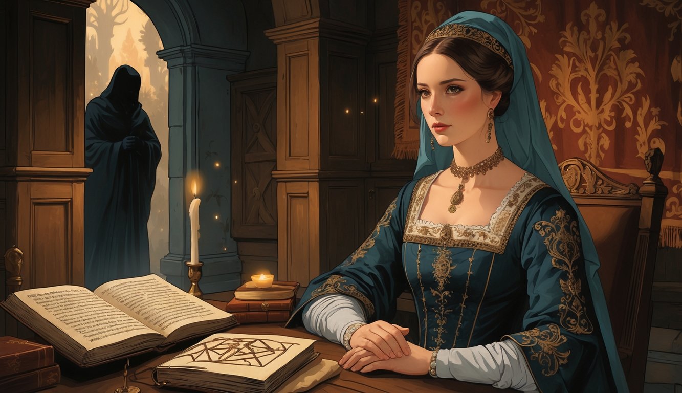 A noblewoman in 16th-century Lithuanian attire stands thoughtfully in a richly decorated Renaissance castle room with candlelight and mysterious shadows around her.