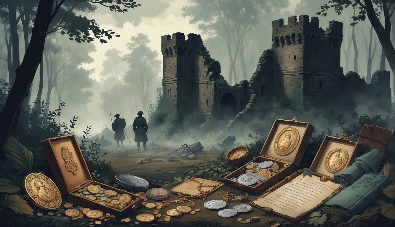 A ruined Lithuanian castle surrounded by misty forest with scattered ancient artifacts and faint silhouettes of wartime soldiers in the background.