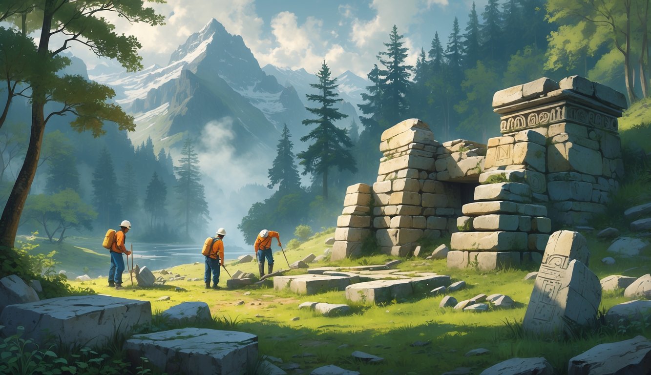 A mysterious ancient stone ruin surrounded by forest and mountains with archaeologists excavating artifacts nearby.
