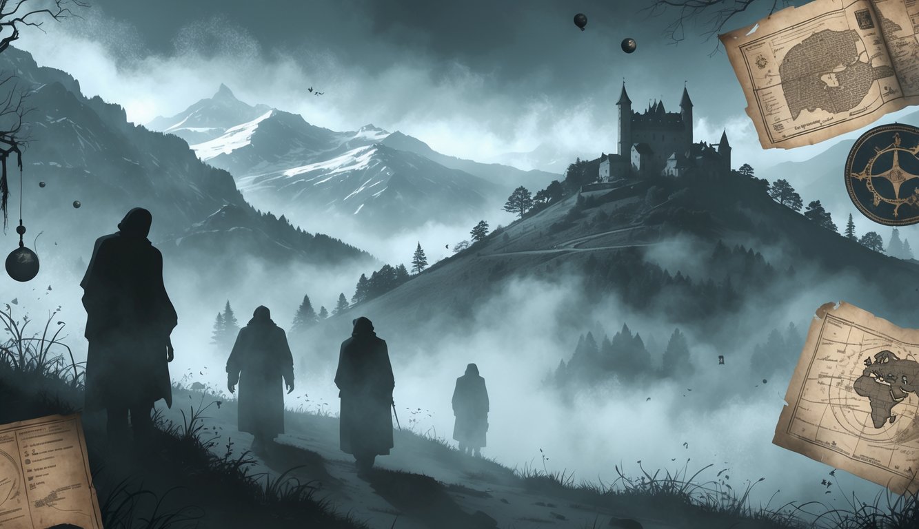 A foggy Alpine landscape with shadowy figures, ancient artifacts, and a medieval castle, symbolizing historical mysteries in Liechtenstein.