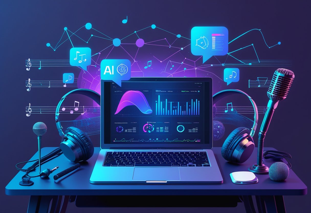 A workspace with a laptop showing AI data, surrounded by musical instruments and floating digital icons representing music marketing tools.