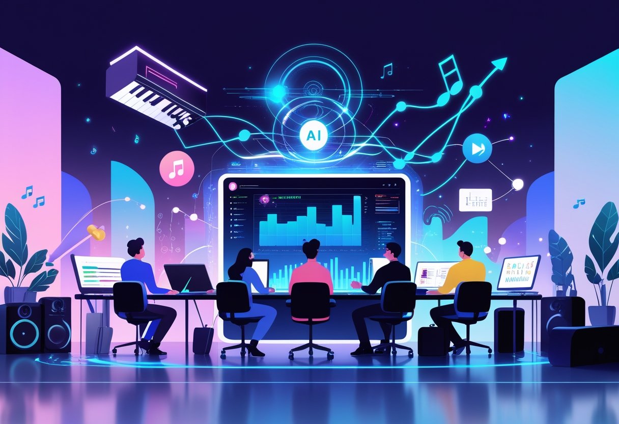 A group of musicians and marketing professionals working together with futuristic digital tools and musical instruments in a bright, modern workspace.