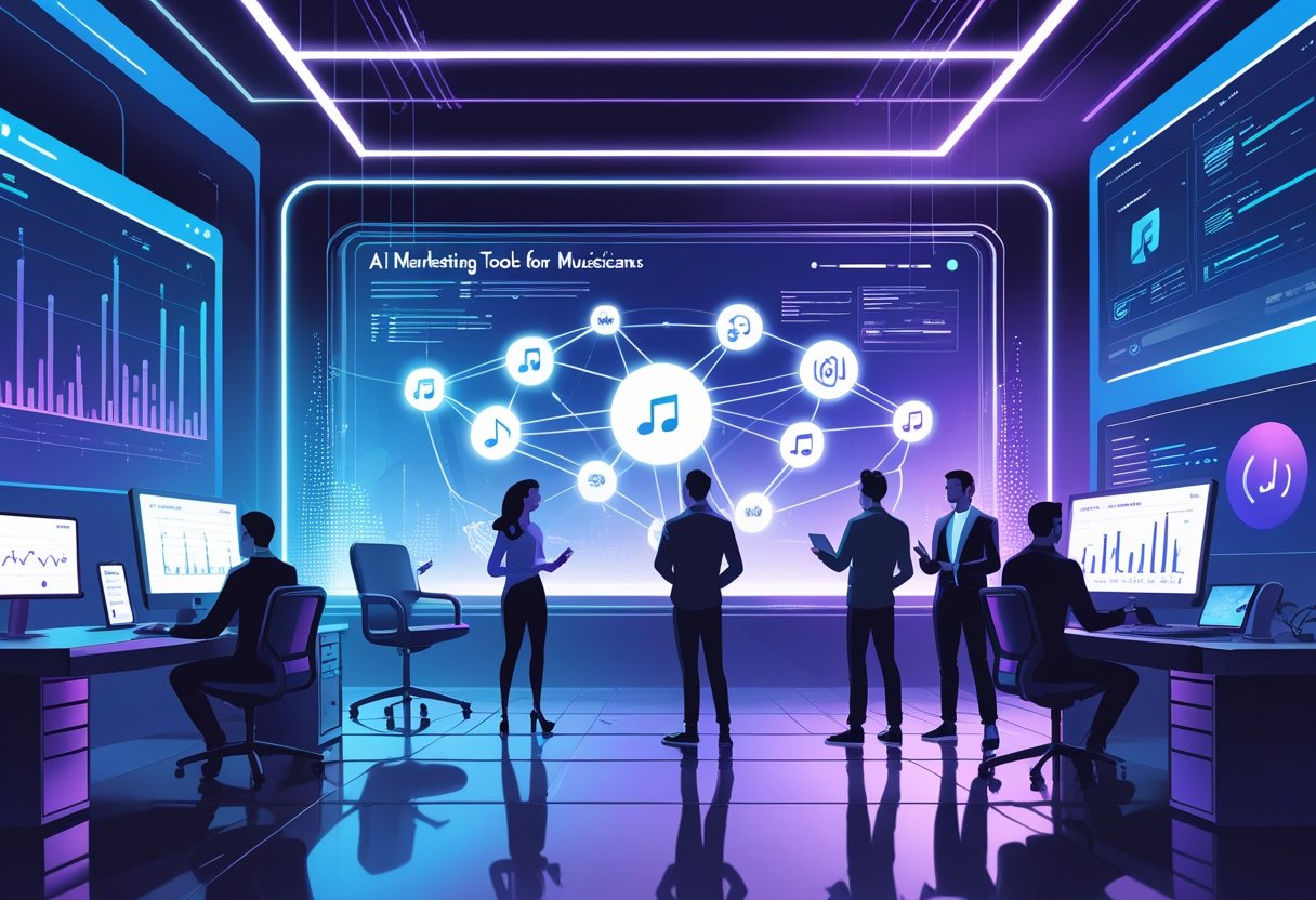 A group of people collaborating in a modern studio with digital screens and holographic interfaces showing music and AI-related visuals.