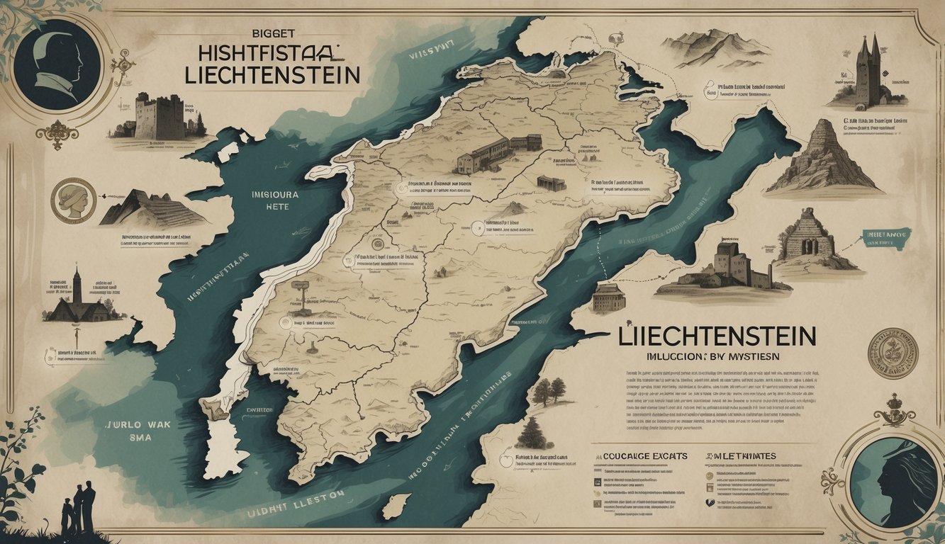 A detailed map of Liechtenstein highlighting mysterious historical sites surrounded by subtle symbols representing global events that influenced them.