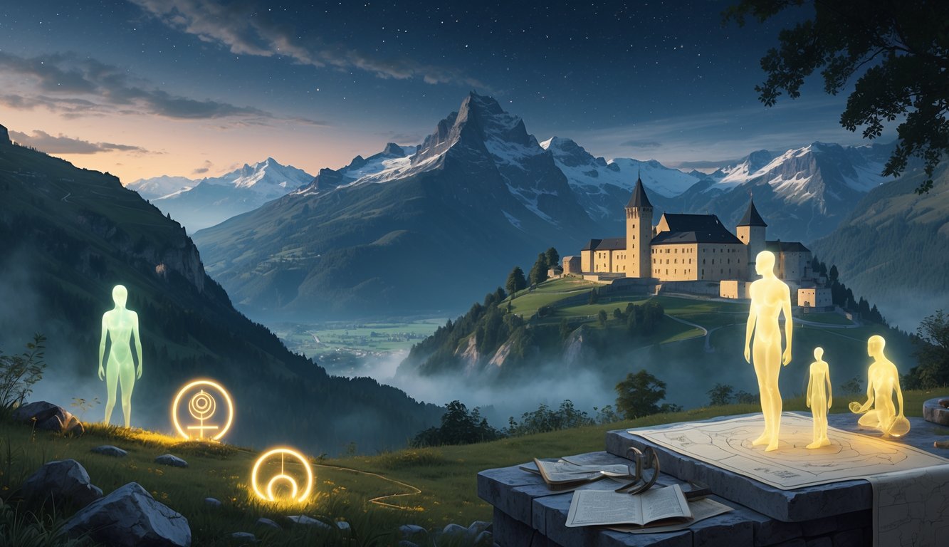 Mountainous landscape of Liechtenstein with Vaduz Castle, ancient glowing artifacts, faint ethereal figures above, and archaeological tools on a stone table suggesting historical mysteries.