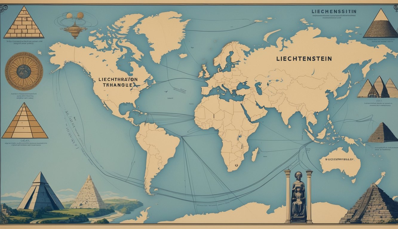 A detailed illustration showing a world map highlighting Liechtenstein and various symbols representing famous historical unsolved mysteries from Liechtenstein and around the world.
